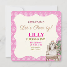 Pink Paw Dog Birthday Party Invitation