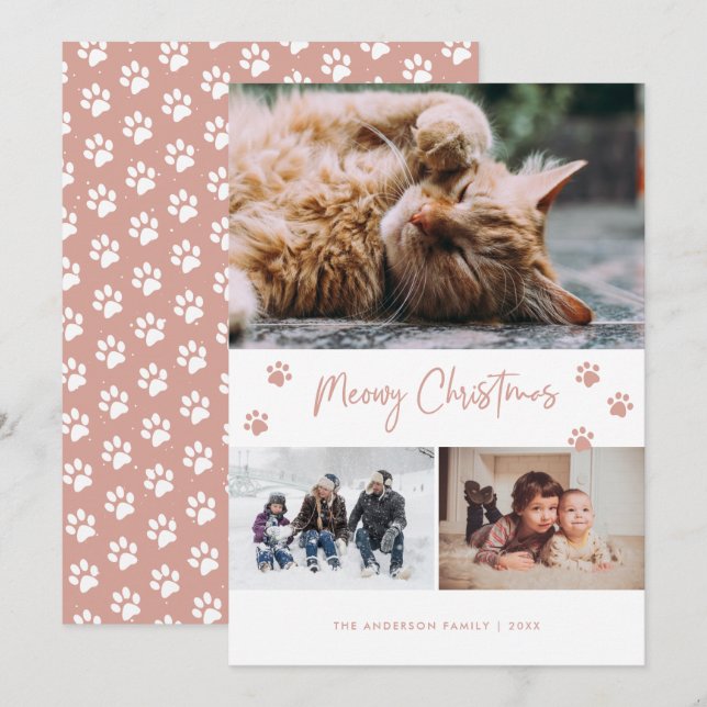 Pink Paw Print 3 Photo Collage Meowy Christmas Pet Holiday Card (Front/Back)