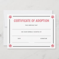 Pink Paw Print Frame Pet Certificate of Adoption