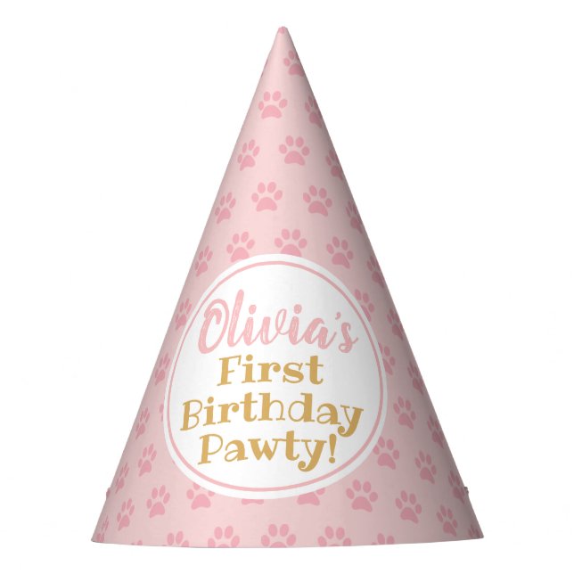 PINK PAW PRINT Girl's Birthday Paper Party Hat (Front)