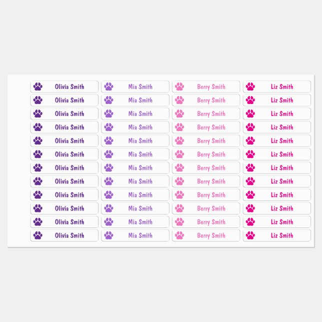 Pink Paw Print Personalized Kids Name Labels (Sheet)