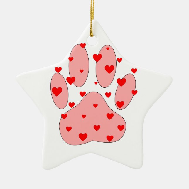 Pink Paw Print With Hearts Ceramic Tree Decoration (Front)