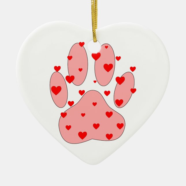 Pink Paw Print With Hearts Ceramic Tree Decoration (Front)