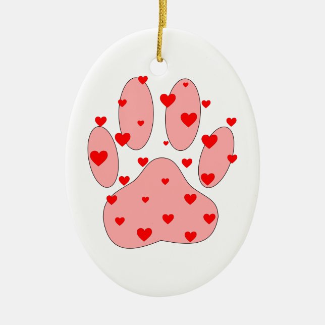 Pink Paw Print With Hearts Ceramic Tree Decoration (Front)