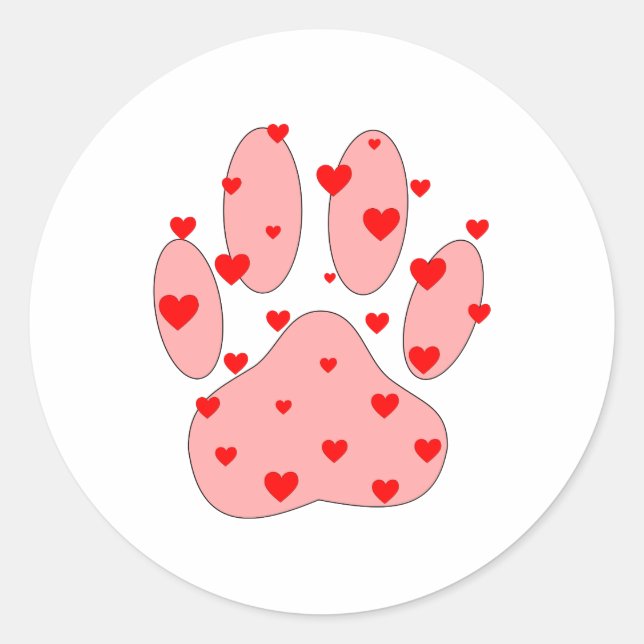 Pink Paw Print With Hearts Classic Round Sticker (Front)
