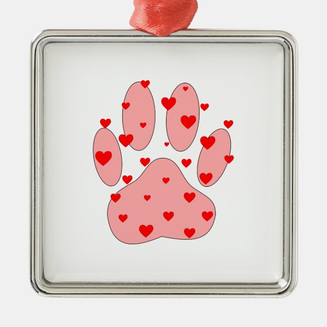 Pink Paw Print With Hearts Metal Tree Decoration (Front)