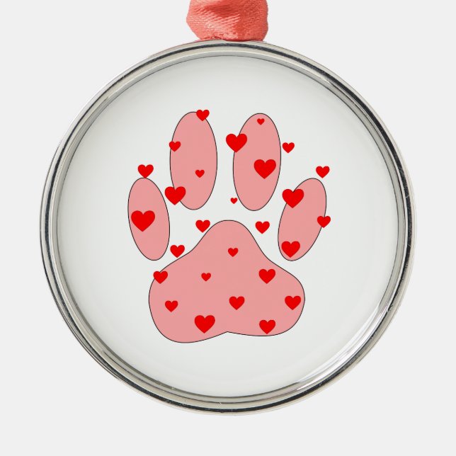 Pink Paw Print With Hearts Metal Tree Decoration (Front)