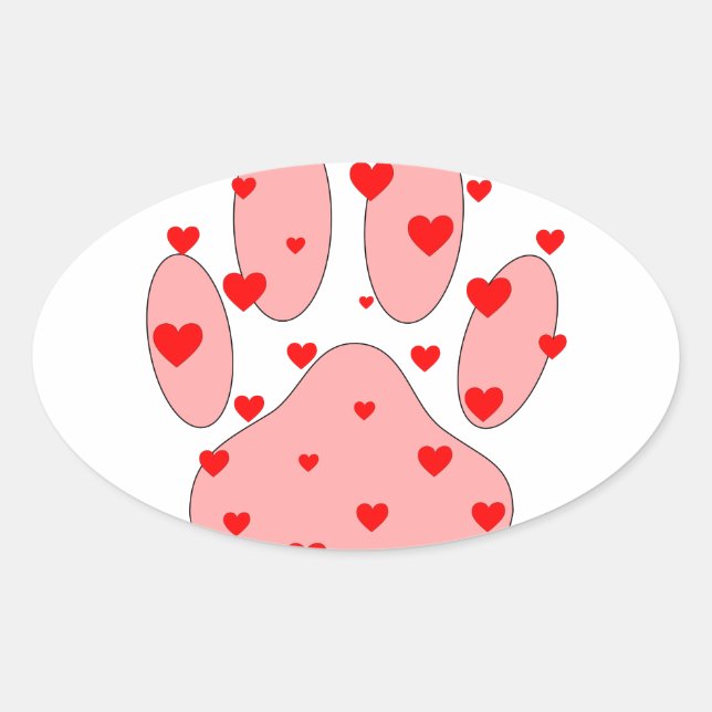 Pink Paw Print With Hearts Oval Sticker (Front)