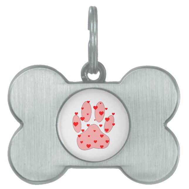 Pink Paw Print With Hearts Pet Tag (Front)