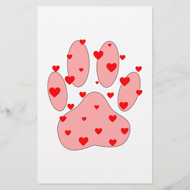Pink Paw Print With Hearts Stationery (Front)