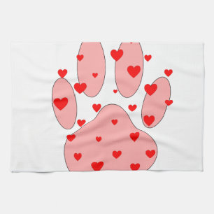 Pink Paw Print With Hearts Tea Towel