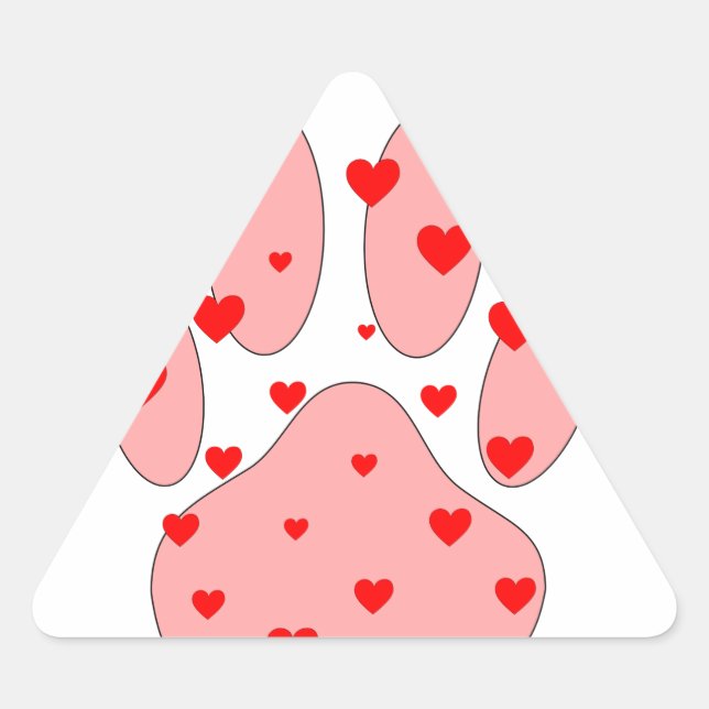 Pink Paw Print With Hearts Triangle Sticker (Front)