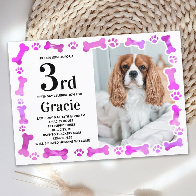 Pink Paw Prints Custom Pet Photo Dog Birthday Invitation (Creator Uploaded)