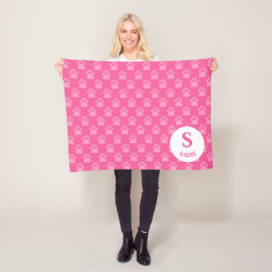 Pink Paw Prints Pattern With Monogram & Name Fleece Blanket