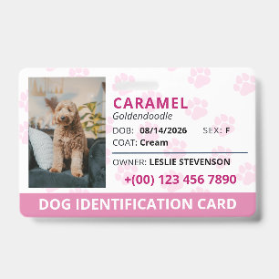 Pink Paw Prints Photo & Name Dog Identification ID Badge