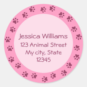 Pink pawprint circle address label, darker border classic round sticker