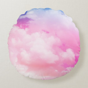 pink, peace, blue, yellow clouds and sky. Abstract Round Cushion