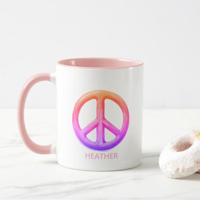 Pink Peace Hot Beverage Mug Custom Name Fun Gift  (With Donut)