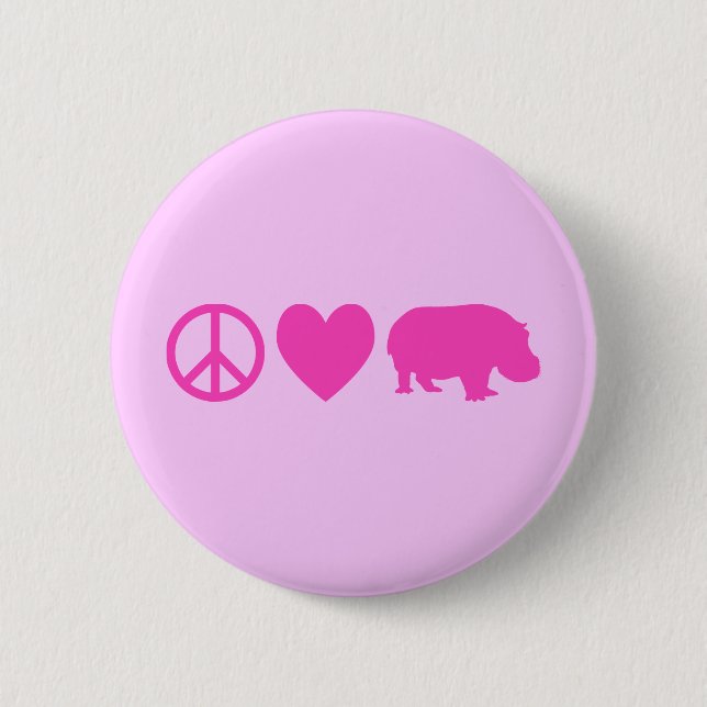 Pink Peace Love and Hippos 6 Cm Round Badge (Front)