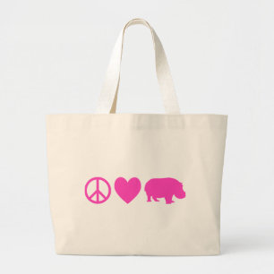 Pink Peace Love and Hippos Large Tote Bag