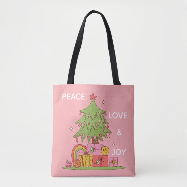 Pink Peace, Love & Joy Retro Christmas Tree Tote Bag (Front)