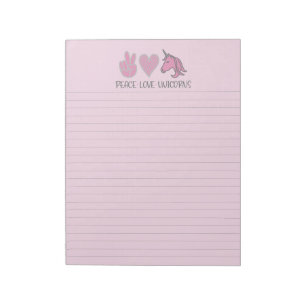 Pink Peace Love Unicorns Lined Notepad