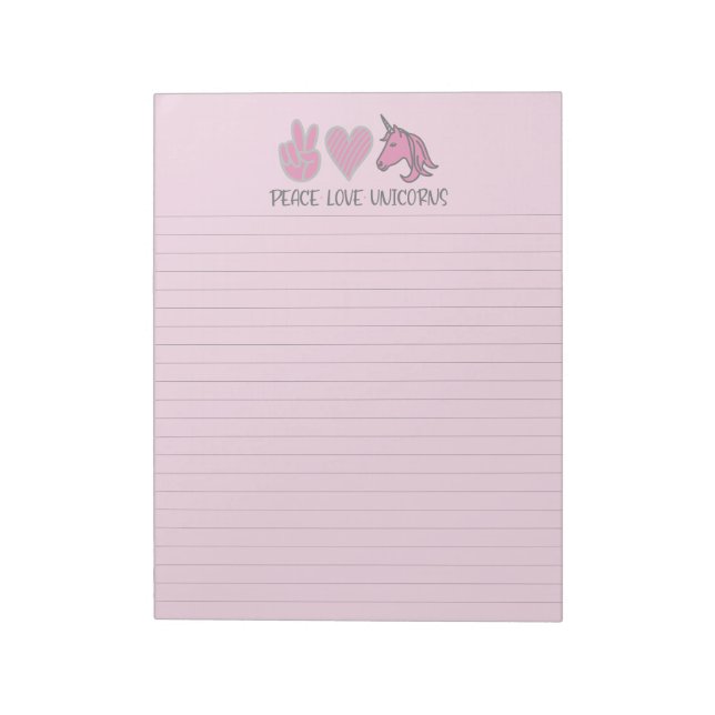 Pink Peace Love Unicorns Lined Notepad (Rotated)