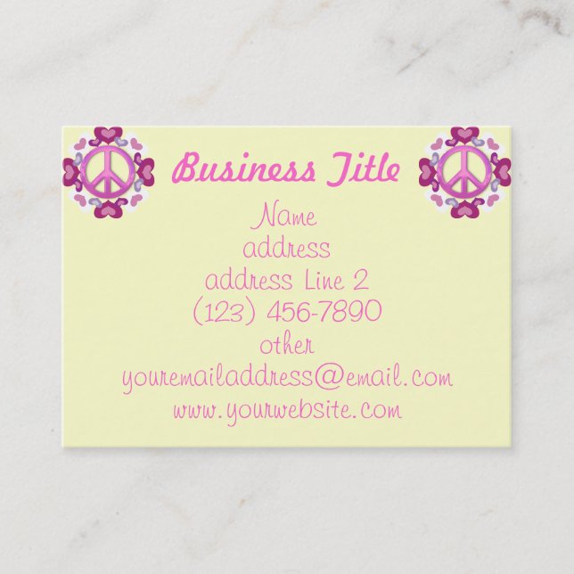 Pink Peace Sign and Hearts Business Cards (Front)