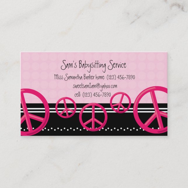 Pink Peace Sign Babysitter or Mummy Calling Card (Front)