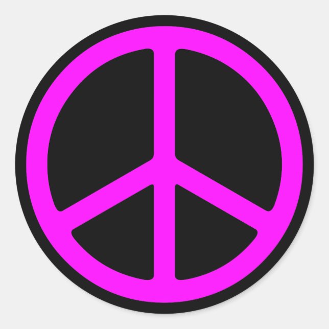Pink Peace Sign on Black Round Sticker (Front)