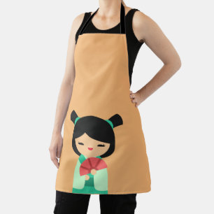 Pink peach and aqua Kokeshi Japanese dolls Apron