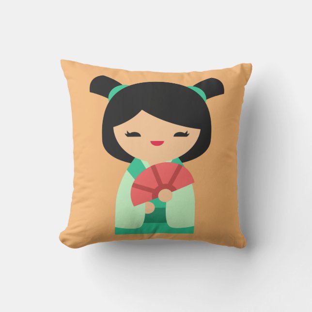Pink peach and aqua Kokeshi Japanese dolls Cushion (Front)