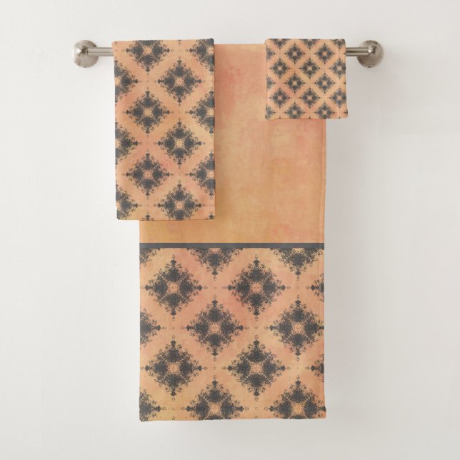 Pink, Peach, and Bronze Diamond Burst Pattern Bath Towel Set (Insitu)