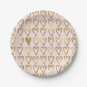 Pink Peach and Gold Hearts Wedding Paper Plate