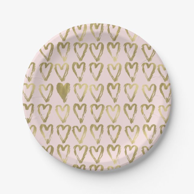 Pink Peach and Gold Hearts Wedding Paper Plate (Front)