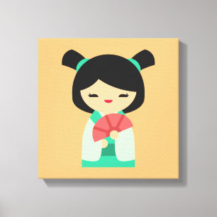 Pink peach aqua Kokeshi Japanese dolls Canvas Print