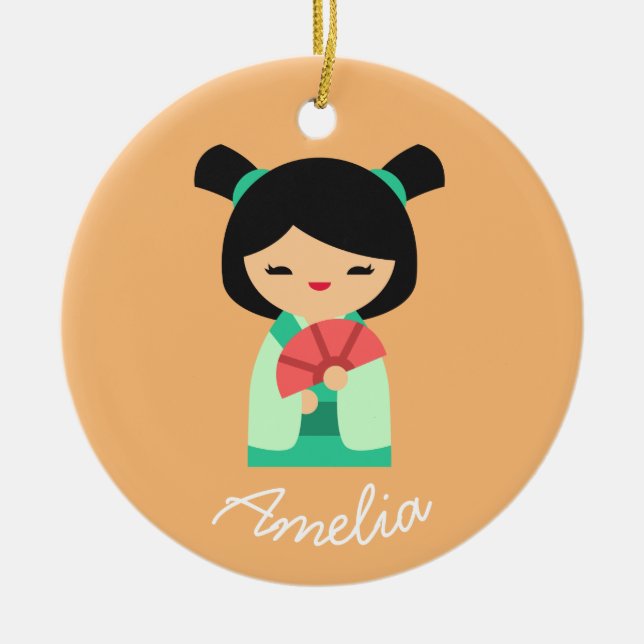 Pink peach aqua Kokeshi Japanese dolls Ceramic Tree Decoration (Front)