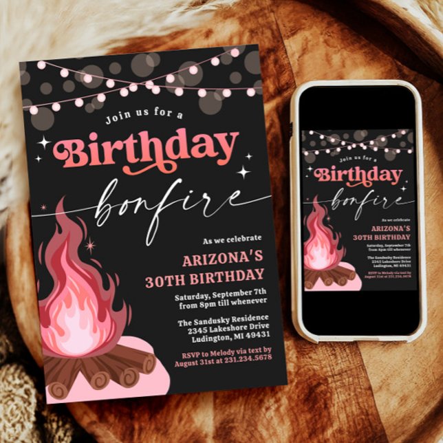 Pink + Peach Birthday Bonfire Invitation (Pink + Peach Birthday Bonfire Invitation)
