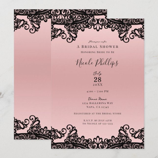 Pink Peach Black Ink Lace Elegant Bridal Shower   Invitation (Front/Back)