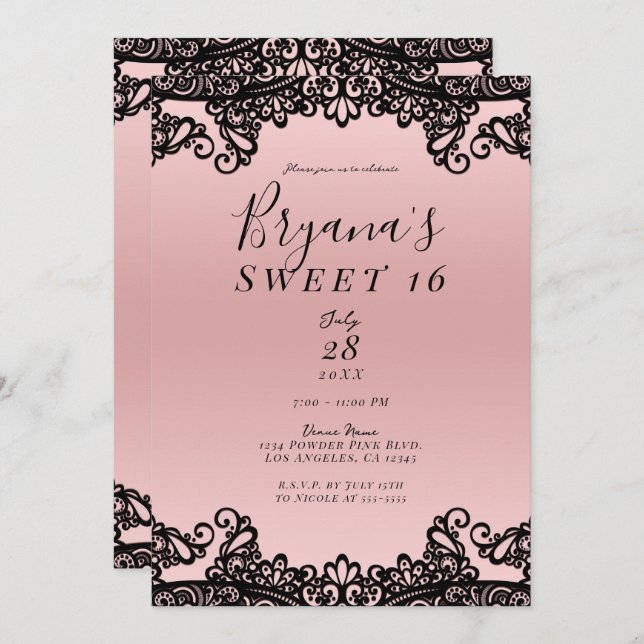 Pink Peach Black Ink Lace Sweet 16 Party Invitation (Front/Back)