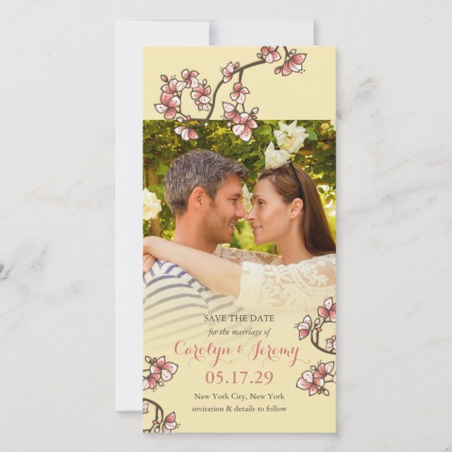 Pink Peach Blossoms Asian Save The Date Photo Card (Front)