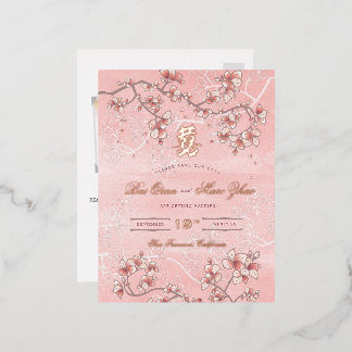 Pink Peach Blossoms Double Happiness Save The Date Foil Invitation Postcard