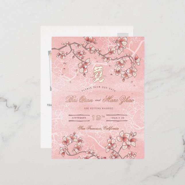 Pink Peach Blossoms Double Happiness Save The Date Foil Invitation Postcard (Front/Back)