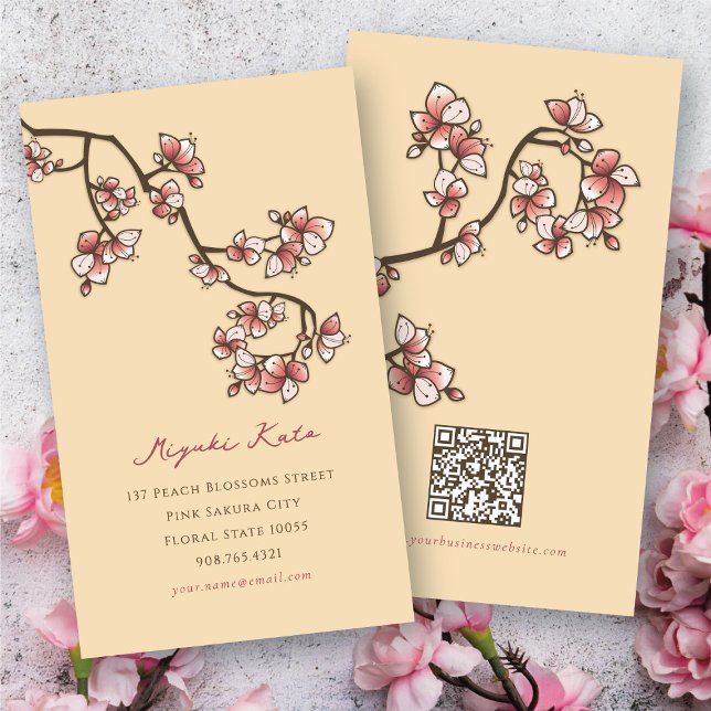 Pink Peach Blossoms Elegant Floral Spring Flowers Business Card (Oriental Pink Peach Blossoms Elegant Chic Sakura Spring Flowers Business/Profile Card @ fat_fa_tin)