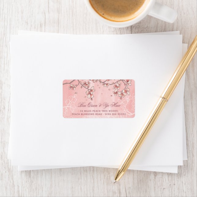 Pink Peach Blossoms Florals Asian Wedding Address Label (Insitu)