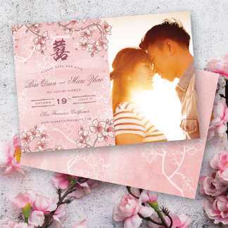 Pink Peach Blossoms Watercolor Double Happiness 囍 Save The Date
