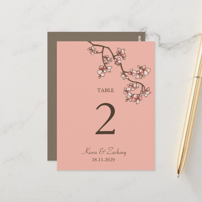 Pink Peach Blossoms Wedding Table Number Card (Front/Back In Situ)
