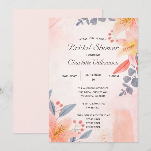 Pink Peach Blue Coral Floral Bridal Shower  Invitation (Front/Back)