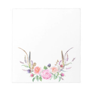 Pink Peach Blue Floral Berries Feathers Notepad