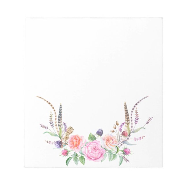 Pink Peach Blue Floral Berries Feathers Notepad (Front)